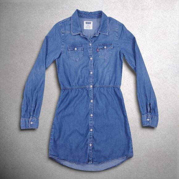 Levis Chambray Button Up Dress Girls 14 Blue Med Wash Long Sleeve Collared - Picture 1 of 13